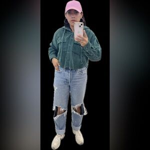 American Eagle Teal Cropped Corduroy Hooded Jacket